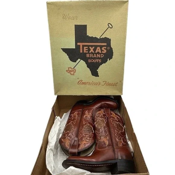 Vintage Texas Boot Co. 10.5D Leather Cowboy Boots Girls‎ Floral 1940s New w/ Box